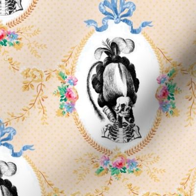 14 Marie Antoinette french France Queen Empress poufs skulls skeletons Victorian elegant gothic lolita floral flowers roses vines leaf leaves bows festoons swag borders frames medallions polka dots Baroque Rococo Princess morbid macabre scary parody wreat