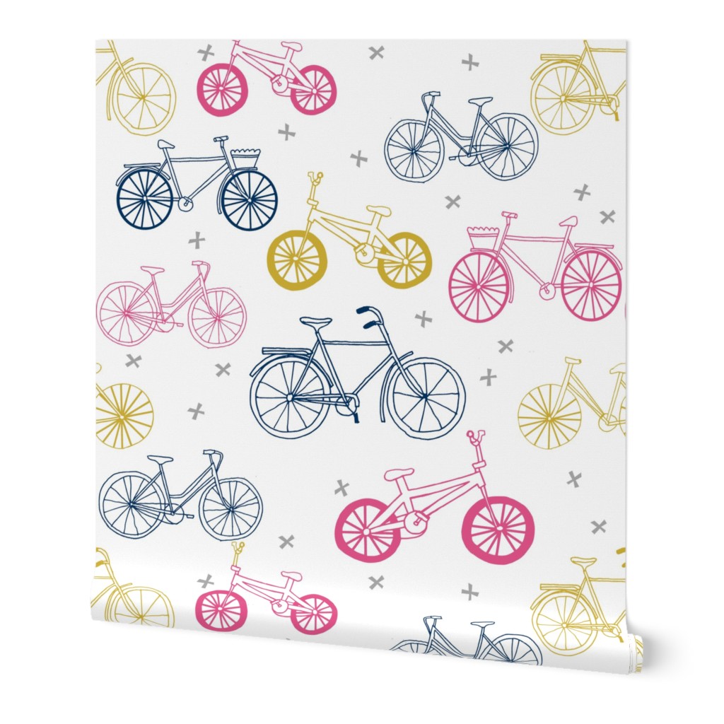 bicycles fabric // navy, pink and yellow bicycle fabric kids design