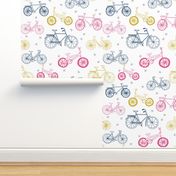 bicycles fabric // navy, pink and yellow bicycle fabric kids design