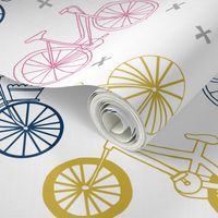 bicycles fabric // navy, pink and yellow bicycle fabric kids design