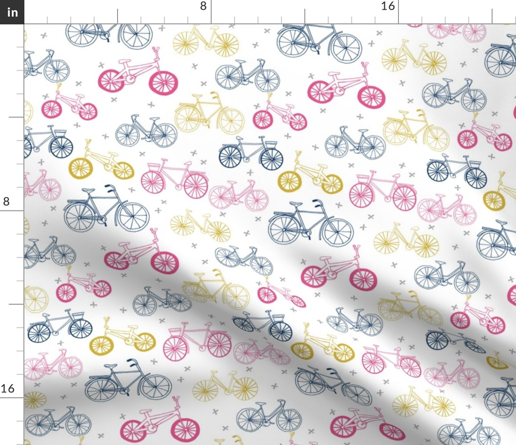 bicycles fabric // navy, pink and yellow bicycle fabric kids design