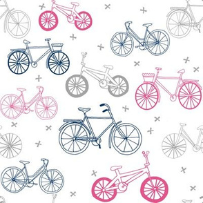 bicycle fabric // bicycles pink and navy and grey design 