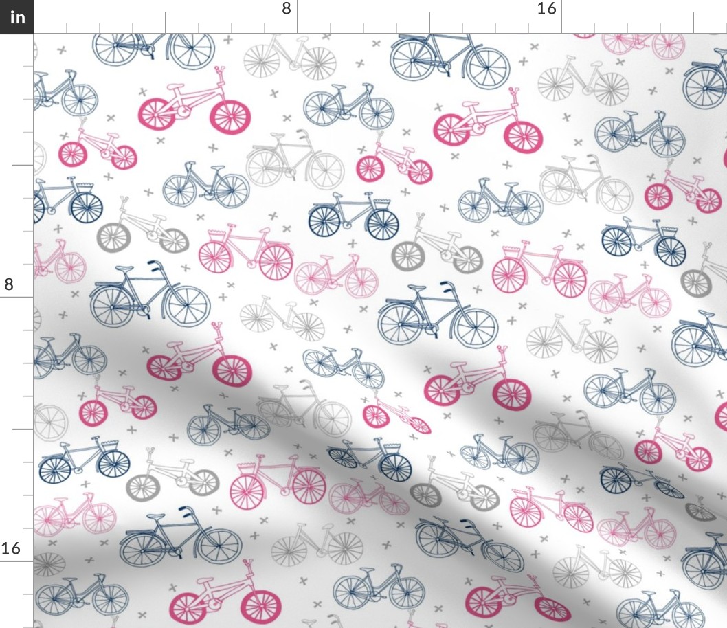 bicycle fabric // bicycles pink and navy and grey design 
