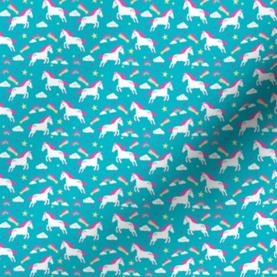 MINI unicorn bright colors fabric rainbow clouds stars cute girls unicorn fabric turquoise