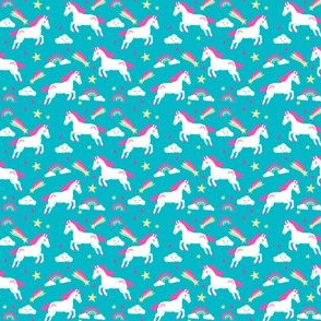 MINI unicorn bright colors fabric rainbow clouds stars cute girls unicorn fabric turquoise