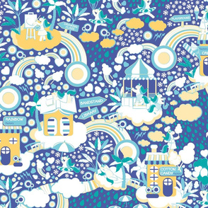 The secret map of unicorns village // indigo blue background yellow & white clouds turquoise rain white snowflakes pastel rainbows & suns