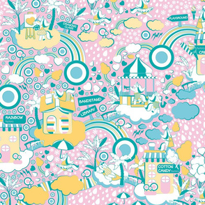 The secret map of unicorns village // pink background yellow & white clouds snowflakes & rain drops pastel rainbows blue & turquoise suns