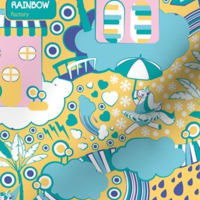 The secret map of unicorns village // yellow background indigo blue pink & white clouds & snowflakes & rain drops pastel rainbows blue & turquoise suns