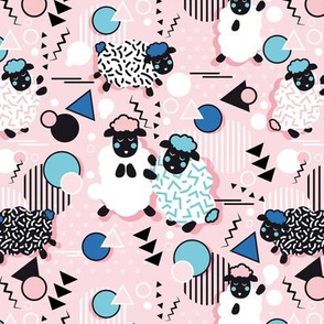 Mééé Memphis sheep // pink background blue circles & triangles black & white sheep arrows lines & dots 