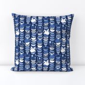 Small scale // Swedish folk cats // navy blue background indigo blue & white flowers bowls & cute kitties