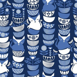 Small scale // Swedish folk cats // navy blue background indigo blue & white flowers bowls & cute kitties