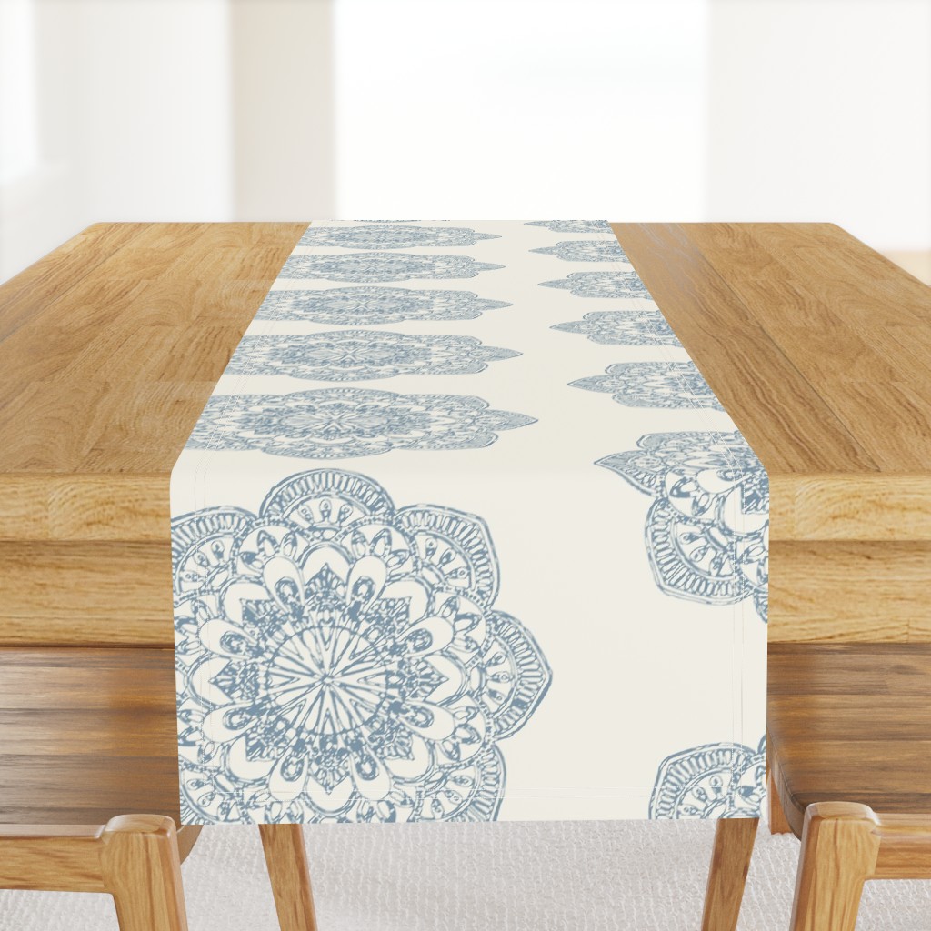 light blue medallion block print on ivory cream offwhite