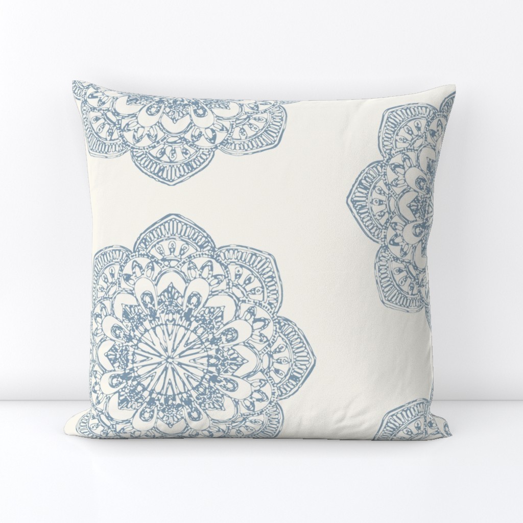 light blue medallion block print on ivory cream offwhite