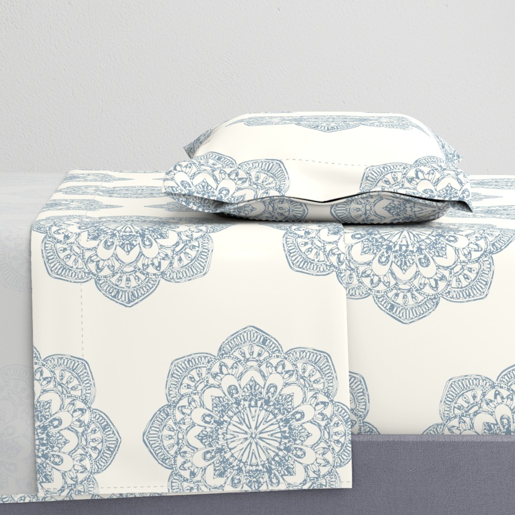 light blue medallion block print on ivory cream offwhite