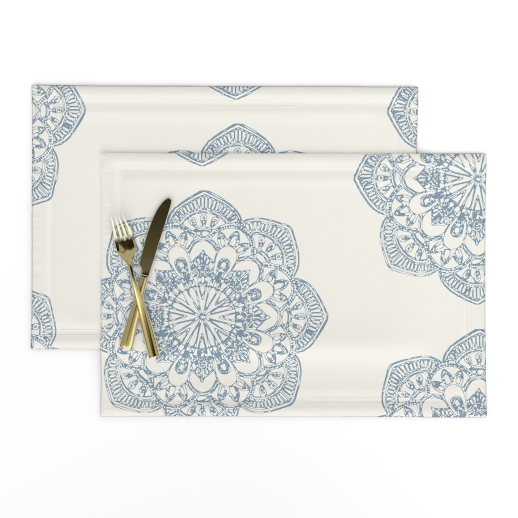 light blue medallion block print on ivory cream offwhite