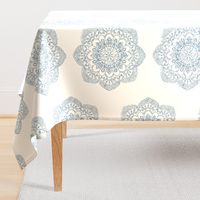 light blue medallion block print on ivory cream offwhite