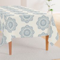 light blue medallion block print on ivory cream offwhite