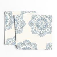 light blue medallion block print on ivory cream offwhite