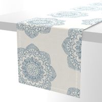 light blue medallion block print on ivory cream offwhite