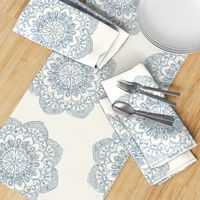 light blue medallion block print on ivory cream offwhite