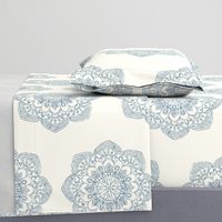 light blue medallion block print on ivory cream offwhite