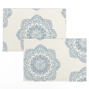 light blue medallion block print on ivory cream offwhite