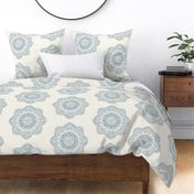 light blue medallion block print on ivory cream offwhite