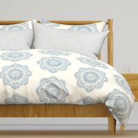 light blue medallion block print on ivory cream offwhite