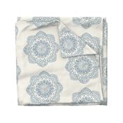 light blue medallion block print on ivory cream offwhite