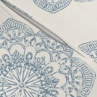 light blue medallion block print on ivory cream offwhite