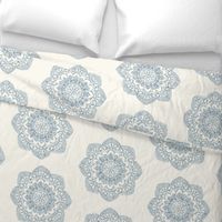 light blue medallion block print on ivory cream offwhite