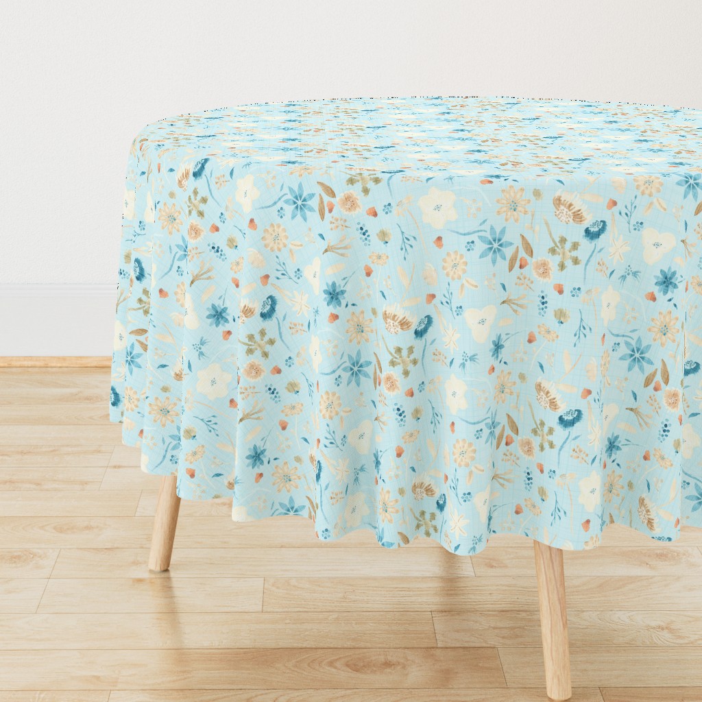 18-10P Fall Floral Autumn Leaves Blue || Teal cream linen olive green orange  watercolor