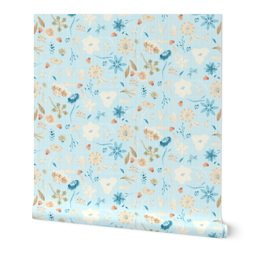 18-10P Fall Floral Autumn Leaves Blue || Teal cream linen olive green orange  watercolor