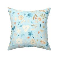 18-10P Fall Floral Autumn Leaves Blue || Teal cream linen olive green orange  watercolor