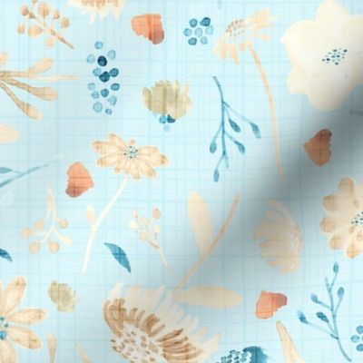 18-10P Fall Floral Autumn Leaves Blue || Teal cream linen olive green orange  watercolor