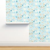 18-10P Fall Floral Autumn Leaves Blue || Teal cream linen olive green orange  watercolor