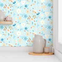 18-10P Fall Floral Autumn Leaves Blue || Teal cream linen olive green orange  watercolor