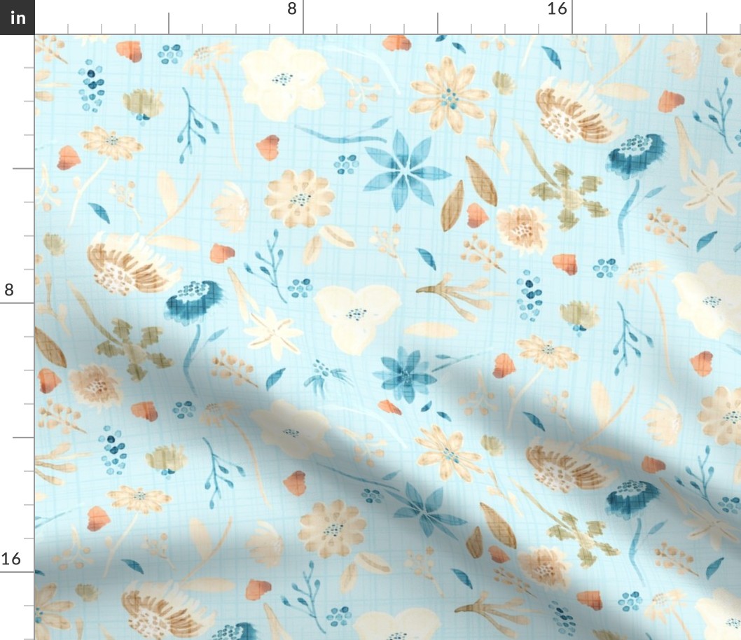 18-10P Fall Floral Autumn Leaves Blue || Teal cream linen olive green orange  watercolor