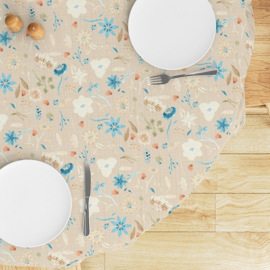 18-10N Fall Leaves Autumn Flowers Watercolor || Pastel Tan Blue Teal Cream Linen olive green