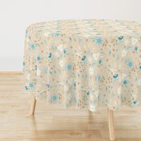 18-10N Fall Leaves Autumn Flowers Watercolor || Pastel Tan Blue Teal Cream Linen olive green