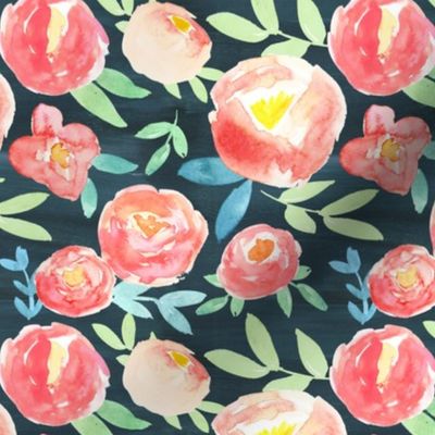 pink watercolor florals on navy 