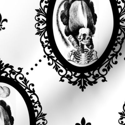 10 Marie Antoinette french France Queen Empress skulls skeletons Victorian  Baroque Princess monochrome black white trellis tufted fleur de lis flowers lily Rococo poufs filigree borders frames medallions  morbid macabre scary parody caricature egl elegan