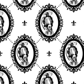 10 Marie Antoinette french France Queen Empress skulls skeletons Victorian  Baroque Princess monochrome black white trellis tufted fleur de lis flowers lily Rococo poufs filigree borders frames medallions  morbid macabre scary parody caricature egl elegan