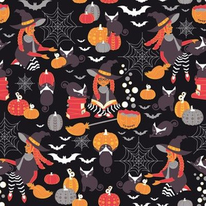 Small scale // Enchanted Vintage Halloween Spell // black background background cute little witches books pumpkins bats broom sticks cobwebs and black cats