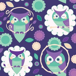 Owls and Flowers in Purple