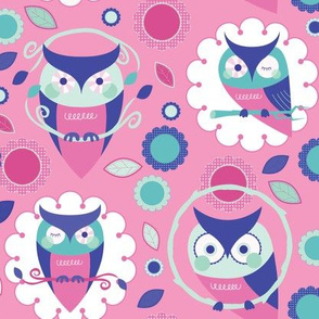 Owls and Flowers in Pink