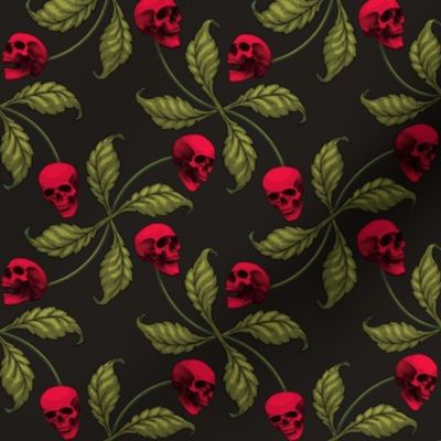 ★ ROCKABILLY CHERRY SKULL ★ Red + Avocado Green - Large Scale / Collection : Cherry Skull - Rock 'n' Roll Old School Tattoo Print