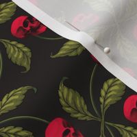 ★ ROCKABILLY CHERRY SKULL ★ Red + Avocado Green - Large Scale / Collection : Cherry Skull - Rock 'n' Roll Old School Tattoo Print