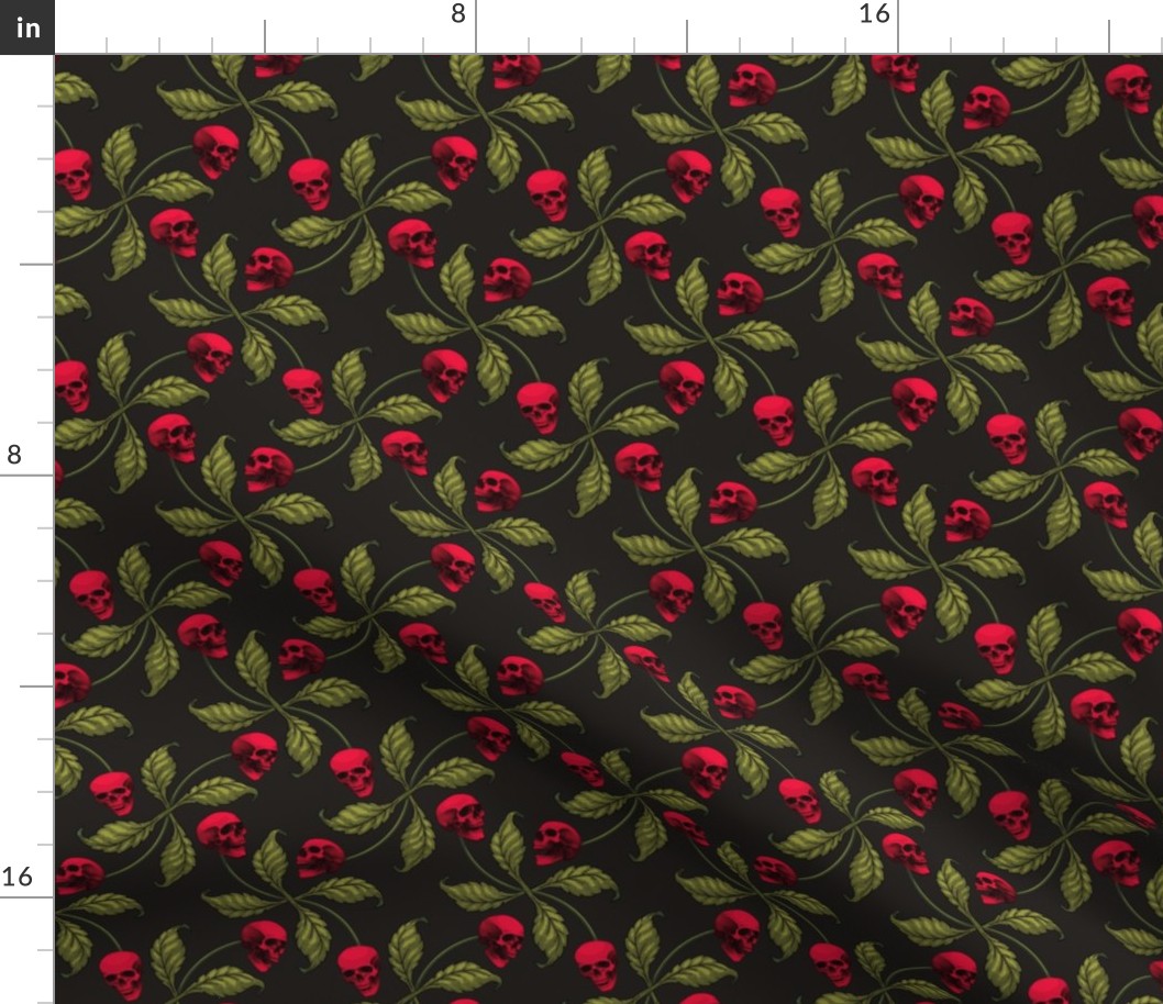★ ROCKABILLY CHERRY SKULL ★ Red + Avocado Green - Large Scale / Collection : Cherry Skull - Rock 'n' Roll Old School Tattoo Print