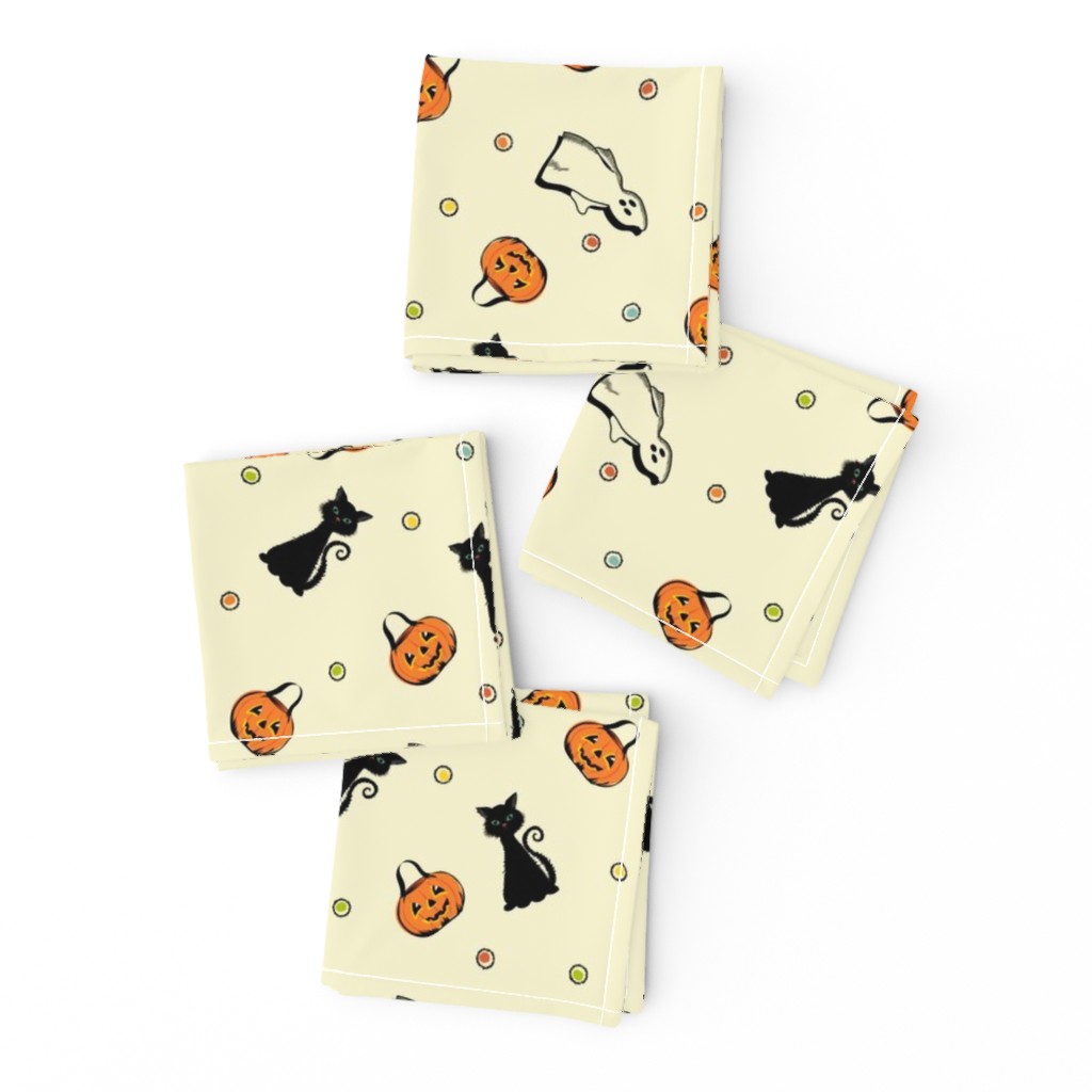 Vintage Halloween Cat, Pumpkin and Ghost with dots on Ivory